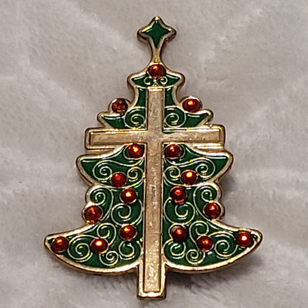 Christ Centered Christmas Tree Enameled Pin Gold-tone Green With Red Crystals